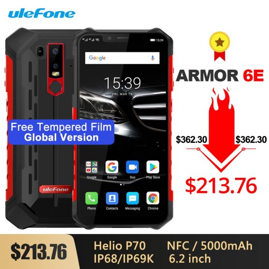 Ulefone Armor 6E Waterproof IP68/IP69 Rugged Phone 6.2'' Helio P70 Otca-core Android 9.0 4GB+64GB Wireless Charge NFC Smartphone