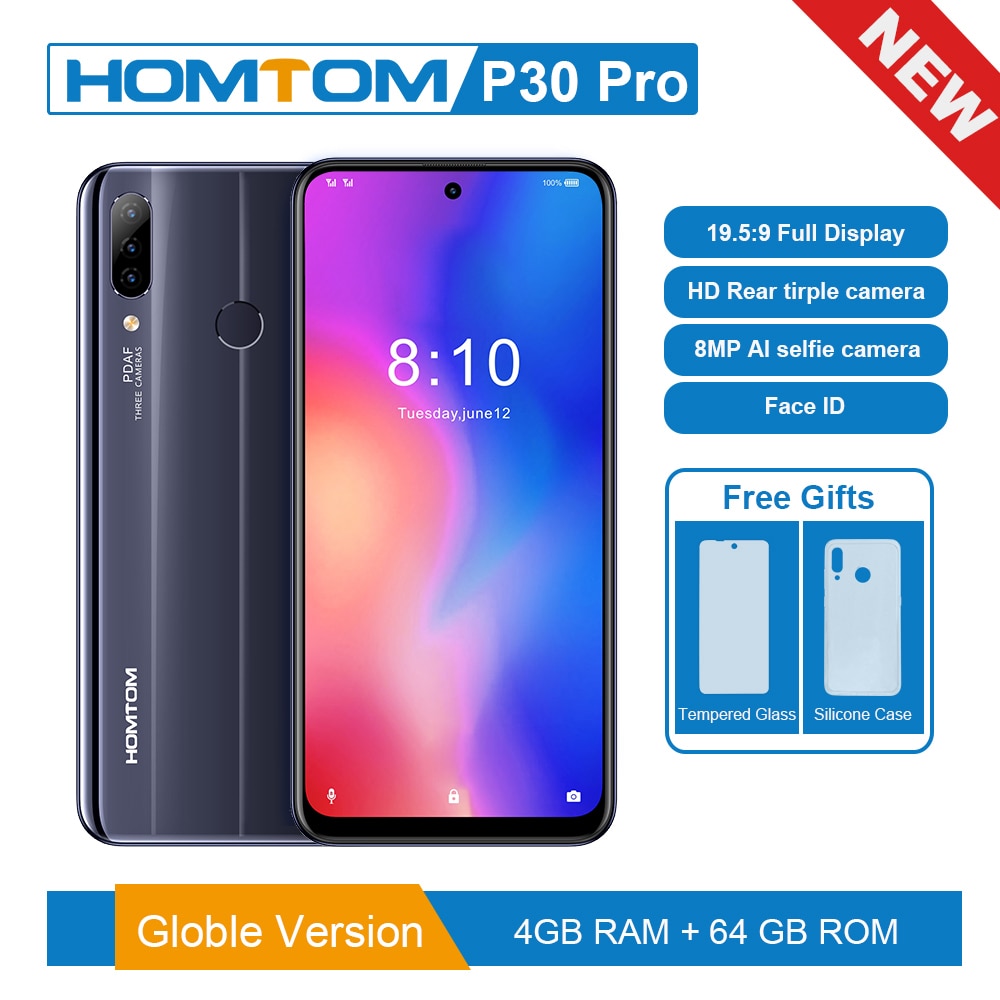 Original version HOMTOM P30 pro 6.41 Inch Android 9.0 Mobile Phone MT6763 Octa Core 4GB 64GB Rear 13MP Triple Cameras Smartphone