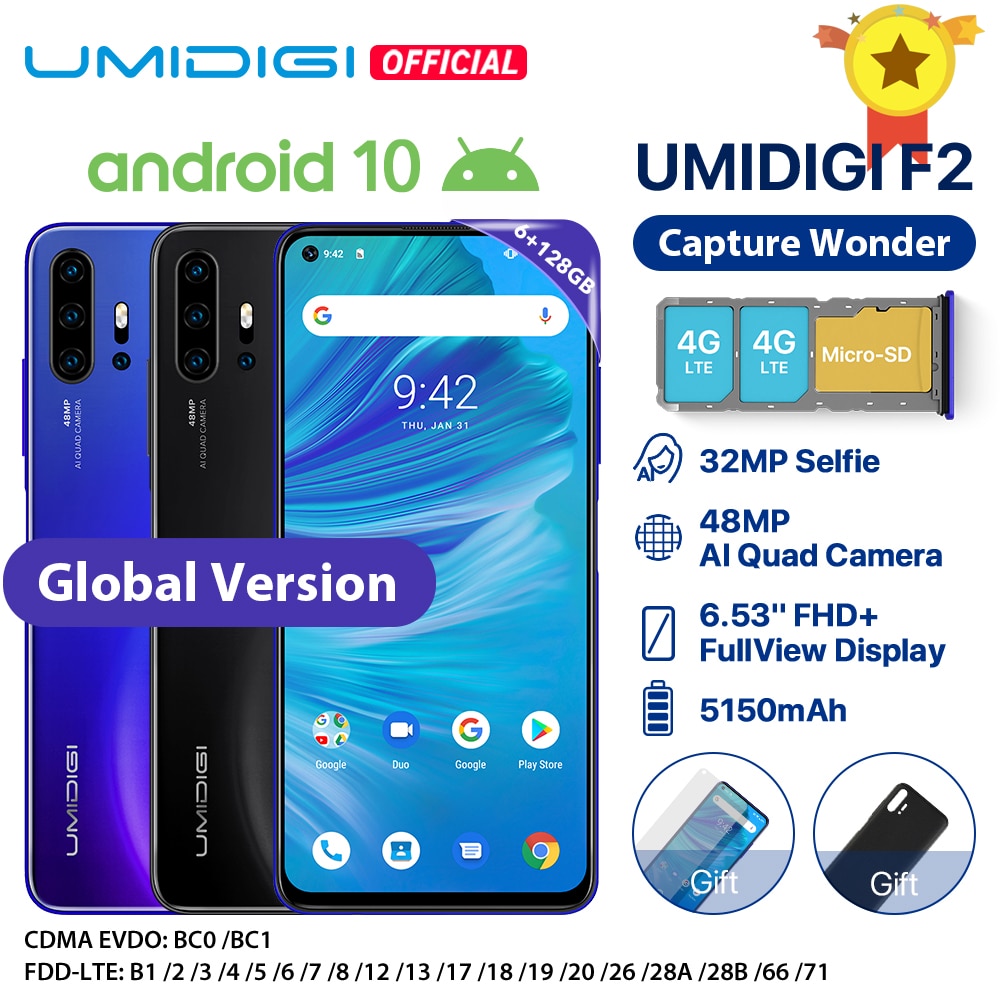 IN STOCK UMIDIGI F2 Android 10 Global Bands 6.53"FHD+6GB 128GB 48MP AI Quad Camera 32MP Selfie Helio P70 Smartphone 5150mAh NFC