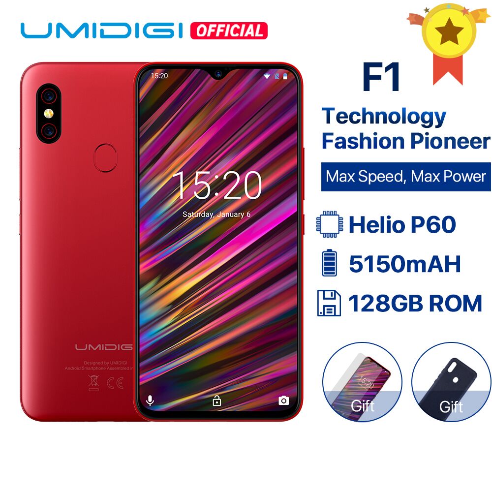 UMIDIGI F1 Android 9.0 6.3" FHD+ 128GB ROM 4GB RAM Helio P60 5150mAh Big Battery 18W Fast Charge Smartphone 16MP+8MP In stock