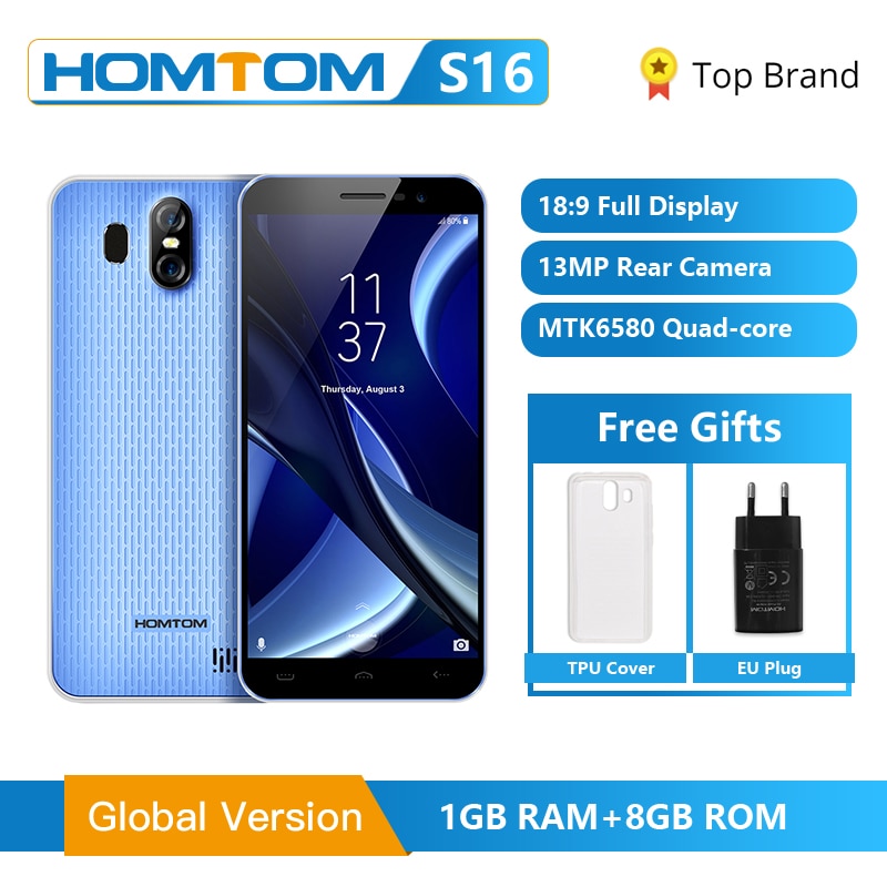 Original HOMTOM S16 Fingerprint Mobile Phone Android 7.0 5.5inch Screen 2G RAM 16G ROM 13MP MTK6580 Quad-Core 3000mAh Smartphone