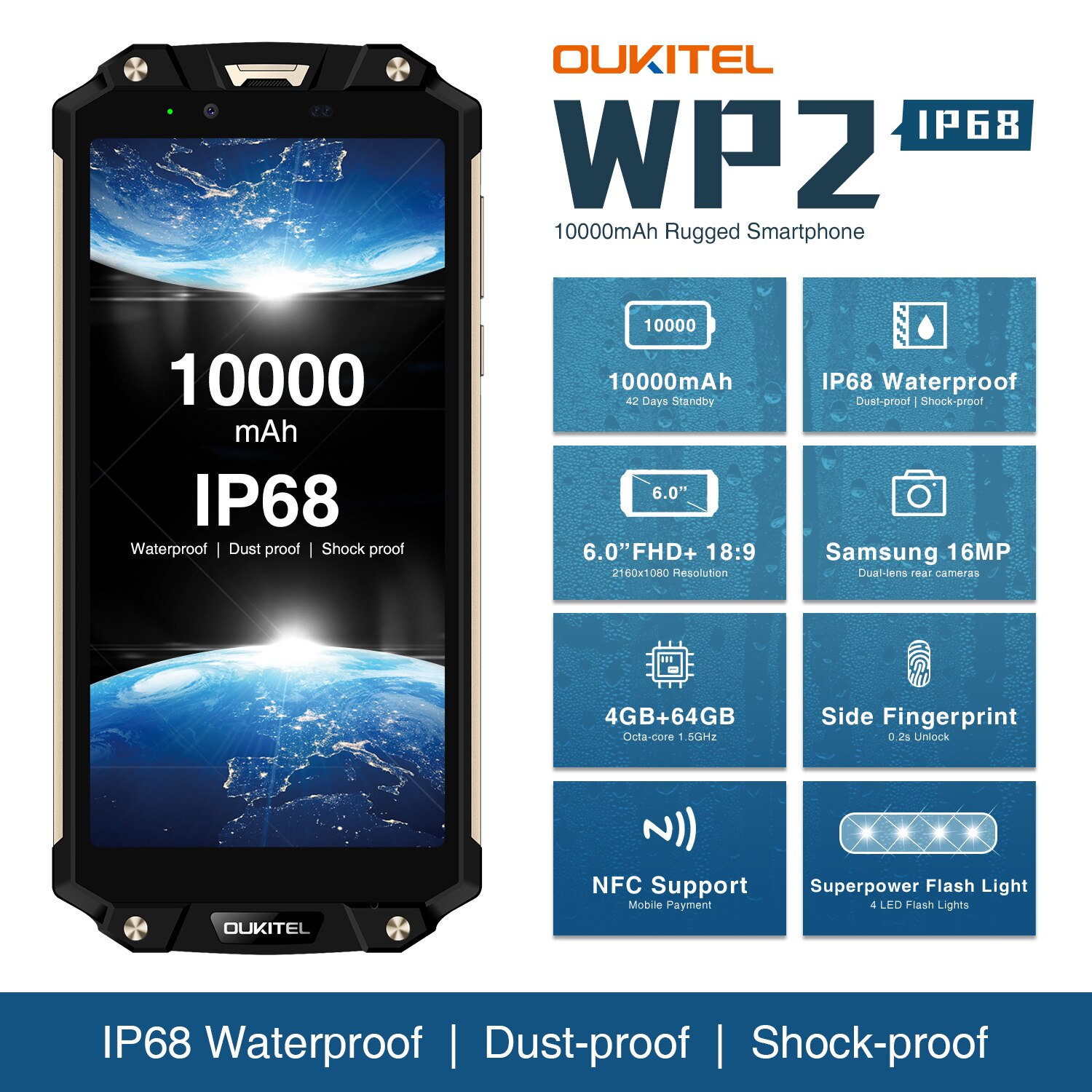 OUKITEL WP2 IP68 Waterproof MobilePhone 4GB 64GB MT6750T Cellphone Octa Core 6.0" 18:9 Smartphone 10000mAh Fingerprint Unlocked