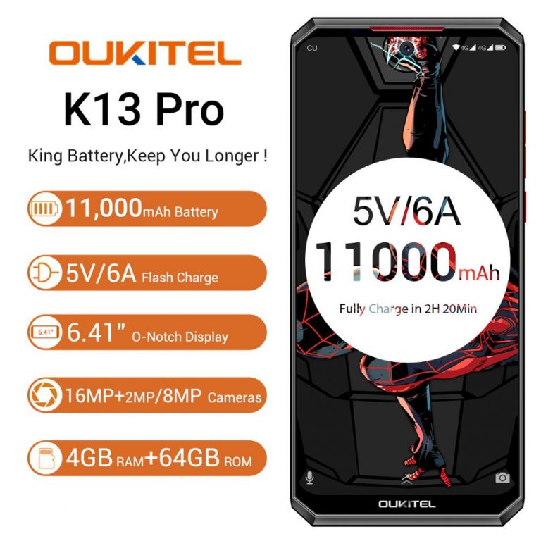 OUKITEL Smartphone K13 Pro Android 9.0 OTA NFC Fingerprint Mobile Phone 6.41" 19.5:9 Screen MT6762 4G RAM 64G ROM 5V/6A 11000mAh