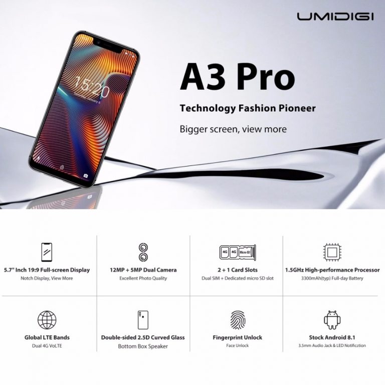 UMIDIGI A3 Pro 5.7"incell HD+display 3GB+32GB Smartphone MTK6739 Quad core Android 8.1 12MP+5MP Face Unlock Dual 4G Mobile phone