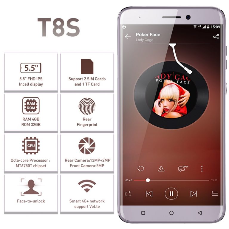 LEAGOO T8s Face ID Smartphone 5.5''FHD Incell RAM 4GB ROM 32GB Android 8.1 MT6750T Octa Core 3080mAh Dual Cams 4G Mobile Phone