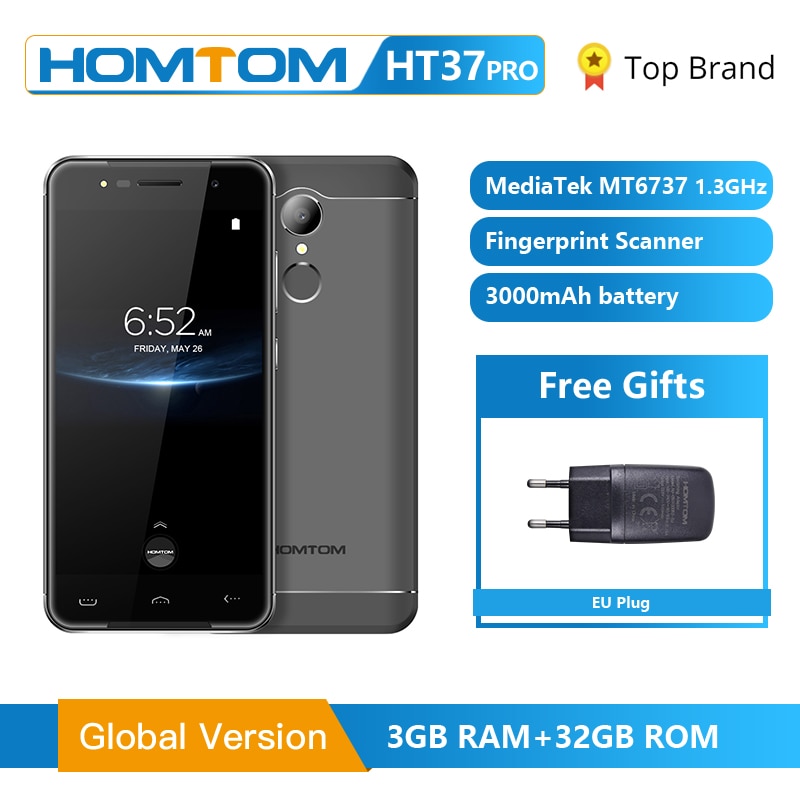 Original HOMTOM HT37 Pro Smartphone 4G MT6737 5.0 Inch HD Android 7.0 Cell Phon 3+32GB 13MP 3000mAh Fingerprint ID Mobile Phone