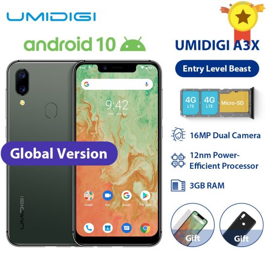 UMIDIGI A3X Android 10 Global Band 3GB RAM 16GB MT6761 5.7" Smartphone 16MP+5MP Rear 13MP Selfie Dual 4G Triple Slots 3300mAh