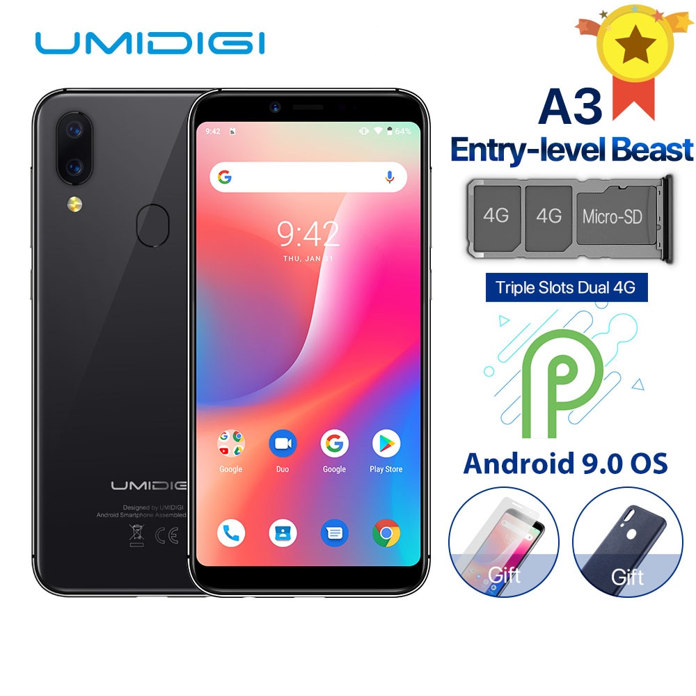 UMIDIGI A3 Global Band Dual 4G 5.5"HD+ 2GB+16GB Mobile Phone Android 9.0 Quad Core Face Unlock 12MP+5MP three slots Smartphone