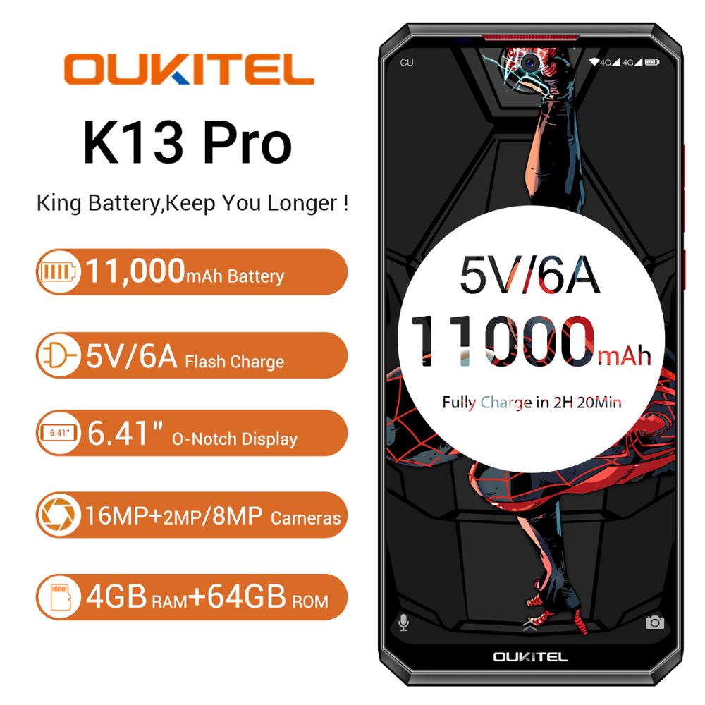 OUKITEL K13 Pro Android 9.0 Mobile Phone 5V/6A 11000mAh Octa Core 6.41" 19.5:9 Screen 4G RAM 64G ROM OTA NFC Face ID Smartphone