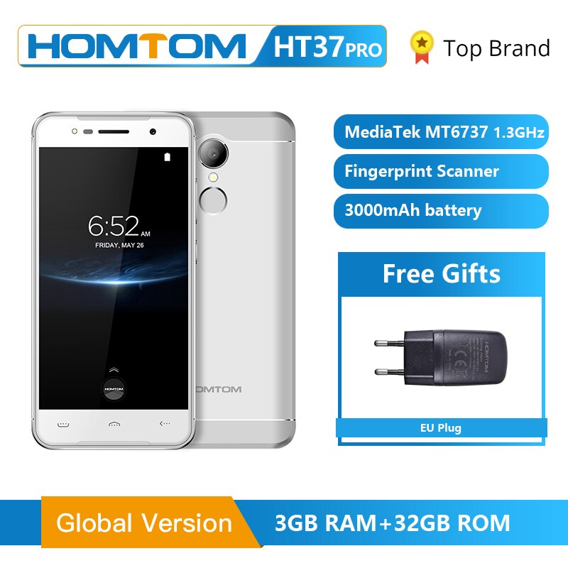 HOMTOM HT37 Pro Smartphone 4G Double Speaker MTK6737 5.0 Inch HD Android 7.0 3GB+32GB 13MP 3000mAh Fingerprint ID Mobile Phone