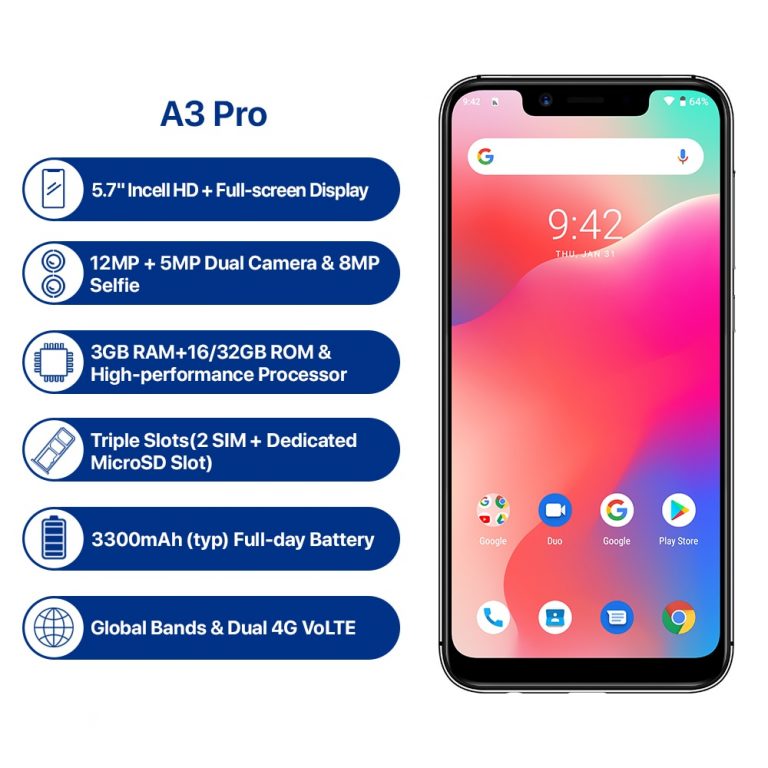 UMIDIGI A3 Pro Android 9.0 Global Band 5.7"19:9 FullScreen smartphone 3GB RAM 32GB ROM Quad core 12MP+5MP Face Unlock Dual 4G 2 UMIDIGI A3 Pro Android 9.0 Global Band 5.7"19:9 FullScreen smartphone 3GB RAM