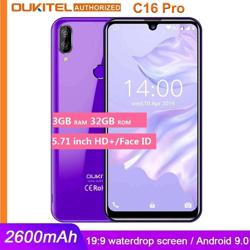 OUKITEL C16 PRO 5.71'' HD+ Waterdrop Big Screen 4G Smartphone MT6761P Quad Core 3GB 32GB Android 9.0 Pie Face ID Mobile Phone