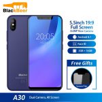 A sleek Blackview A30 smartphone displaying its vibrant 5.5-inch screen, compact design, and Face ID feature.