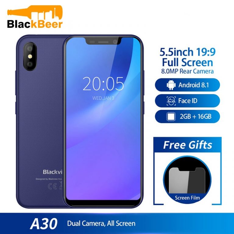 A sleek Blackview A30 smartphone displaying its vibrant 5.5-inch screen, compact design, and Face ID feature.