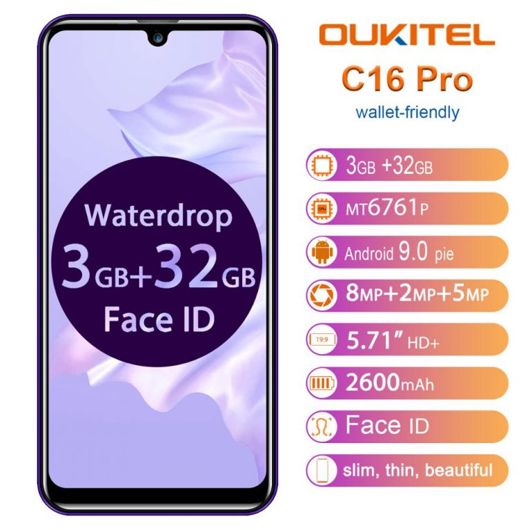 OUKITEL C16 PRO 5.71'' HD+ Waterdrop Big Screen 4G Smartphone MT6761P Quad Core