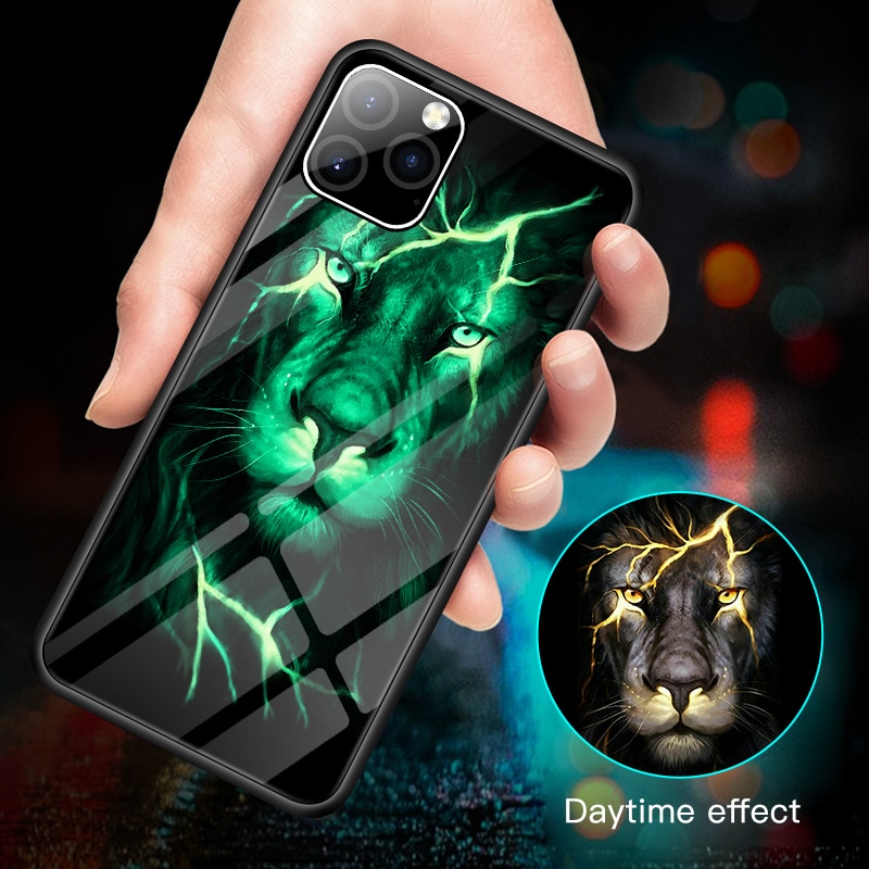 Lion Phoenix Wolf Tiger Luminous Glass Case For iPhone 11 Pro Max XSmax XR XS X 8 7 6s 6 Plus Luxury Phone Cover Funda Coque