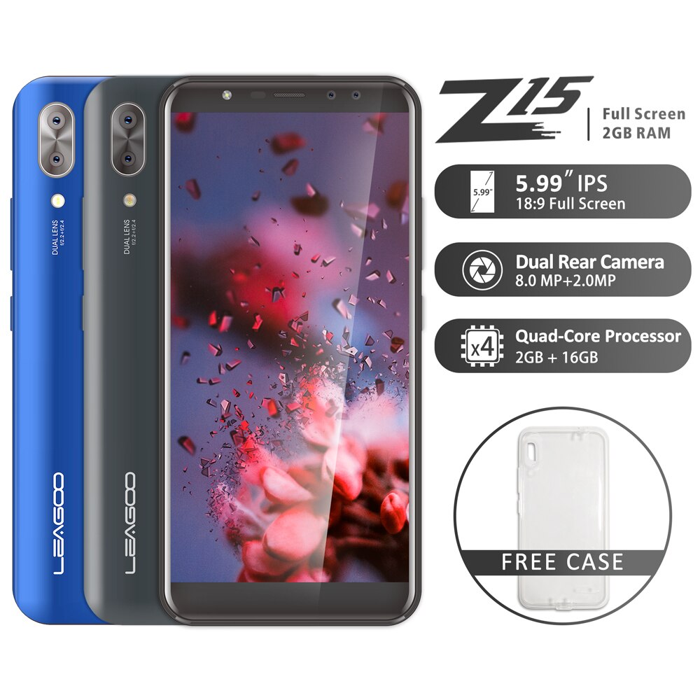 LEAGOO Z15 Mobile Phone 5.99" 18:9 Full Screen 2GB RAM 16GB ROM Dual Rear Camera 3000mAh Android MT6580M Quad Core 3G Smartphone