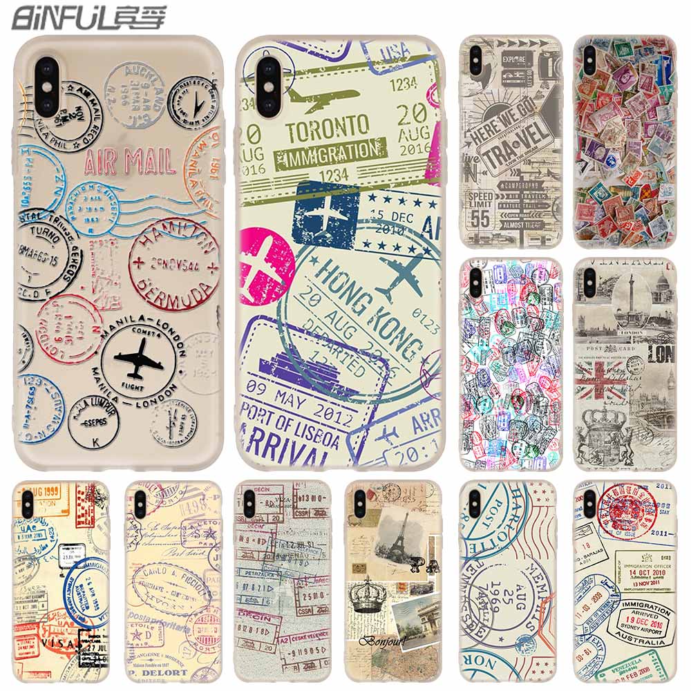 Phone Cases Silicone soft Cover for iPhone 11 Pro X XS Max XR 6 6S 7 8 Plus 5 4S SE Retro Post Card passport stamps Case
