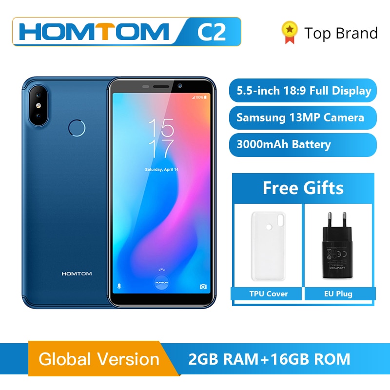Golbal Version HOMTOM C2 5.5inch 2GB 16GB 3000mAh Face ID 4G-LTE Mobile Cell Phone Android 8.1 13MP Dual Rear Cameras Smartphone
