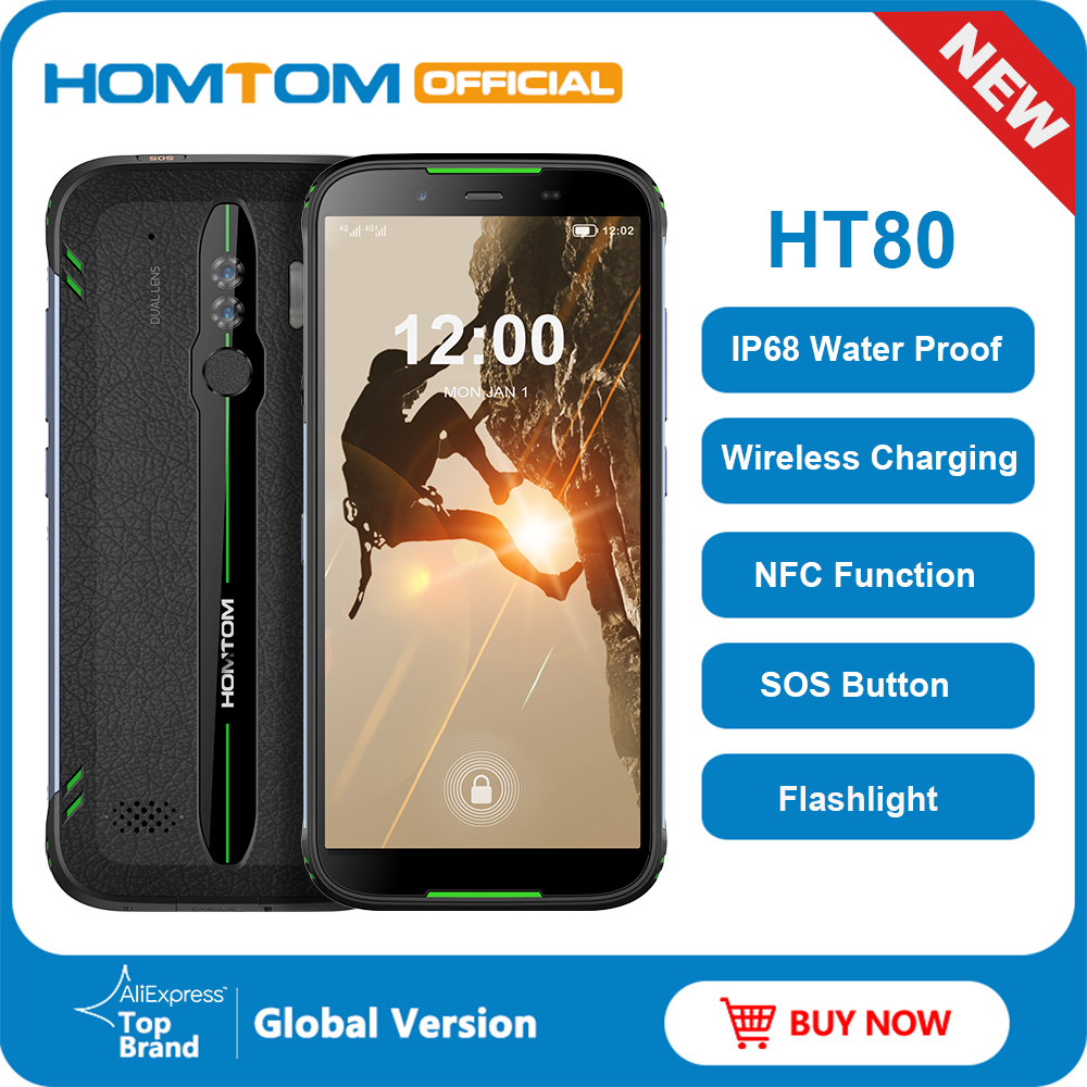 HOMTOM HT80 Android 10 IP68 Waterproof LTE-4G Mobile phone 5.5 inch 18:9 HD+ MT6737 Quad Core NFC Wireless charge SOS Smartphone