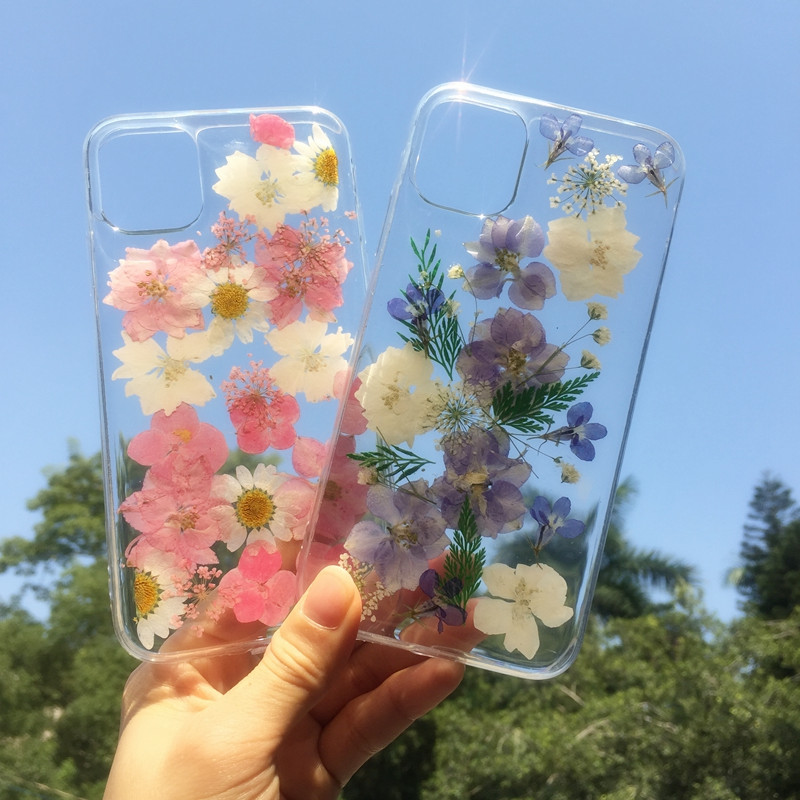 Dry Pressed Real Flower Phone Cases For iPhone 11 X XR XS Max 6 6S 7 8 Plus 11 Pro Max Glitter Floral Transparent Silicone Cover