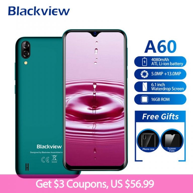 Blackview A60 Smartphone 4080mAh 19:9 6.1 Inch Android 8.1 1GB RAM 16GB ROM Dual Sim Quad Core 13MP+5MP Camera 3G Mobile Phone