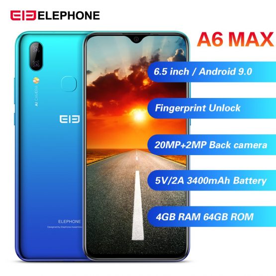 Elephone A6 Max 4G Smartphone Android 9.0 4GB RAM 64GB ROM MT6762V Quad Core 20MP Fingerprint 5V/2A 3400mAh OTG NFC Mobile Phone