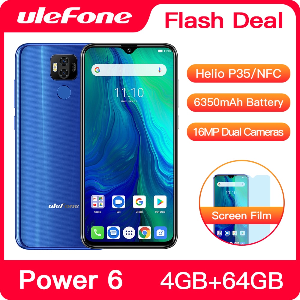 Ulefone Power 6 Smartphone Android 9.0 Helio P35 Octa-core 6350mAh 6.3" 4GB 64GB NFC Cell Phone 4G Global Mobile Phone Android