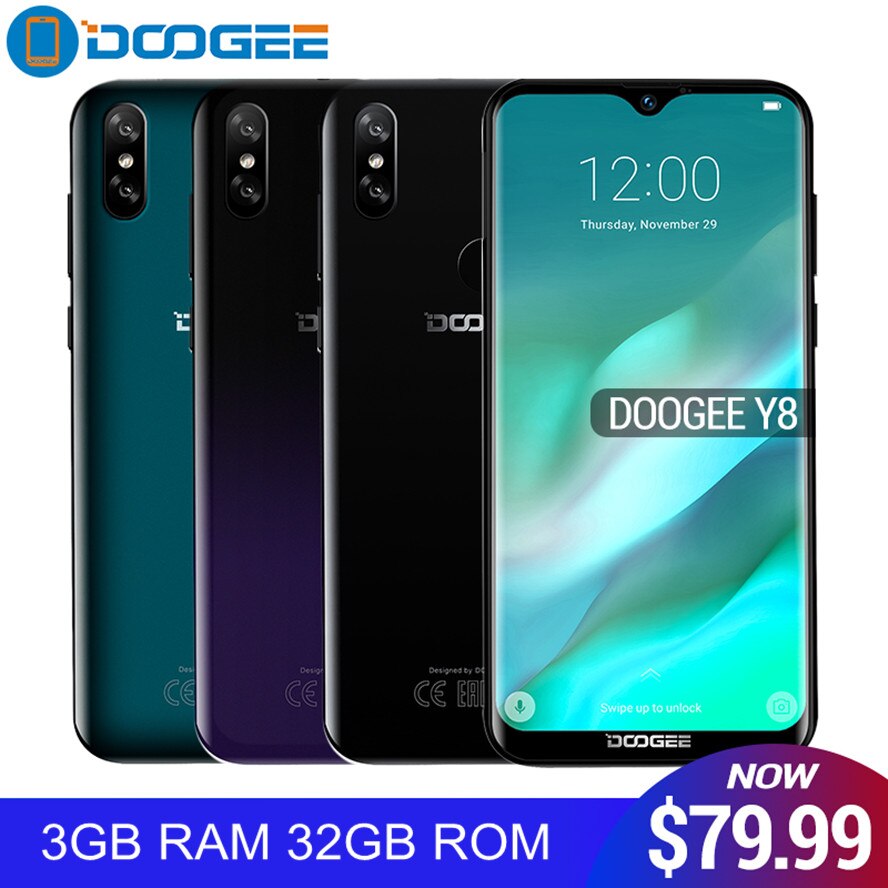Doogee Y8 Android 9.0 Waterdrop Screen Smartphone Gradient Back Cover 19:9 6.1" HD 3+32GB 3400mAh 8.0MP+5MP 4G LET Mobile Phones