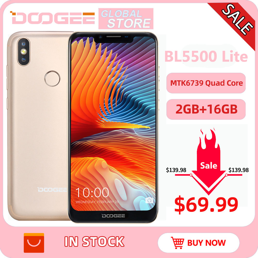 DOOGEE BL5500 Lite U-Notch Smartphone 6.19 inch MTK6739 Quad Core 2GB RAM 16GB ROM 5500mAh Dual SIM 13.0MP+8.0MP Android 8.1