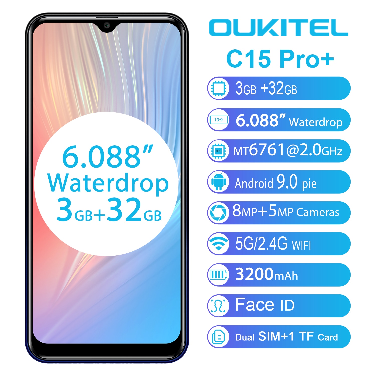 OUKITEL C15 Pro+ 6.088'' 19:9 Android 9.0 Cellphones 3GB 32GB MT6761 Waterdrop 4G Smartphone Fingerprint Face ID 5G WiFi Phone