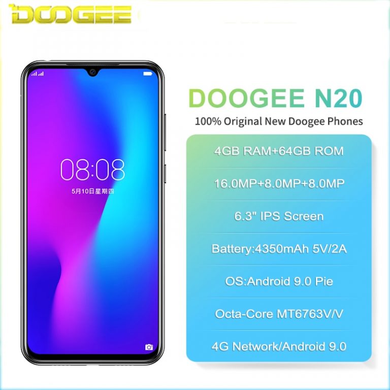 Doogee N20 4G Smartphone 6.3" Waterdrop Screen Mobile Phone 4GB+64GB Octa Core 16MP Triple Rear Cameras 4350mAh 10w Quick Charge