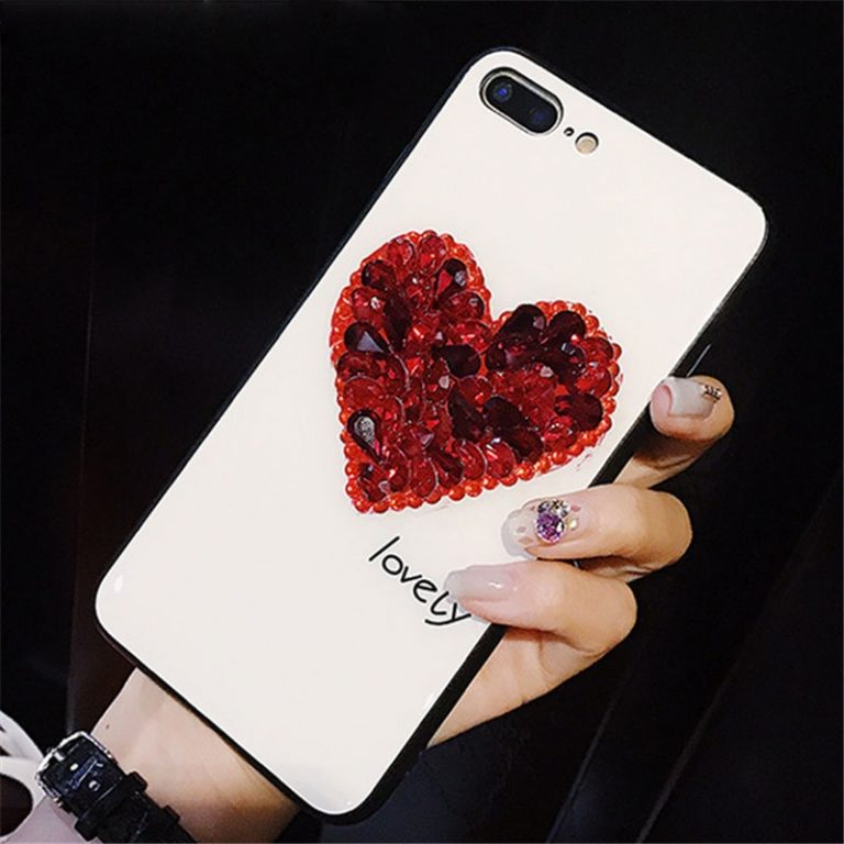 Tempered Glass Case Glitter Rhinestone Love Heart Phone Case For iPhone 11