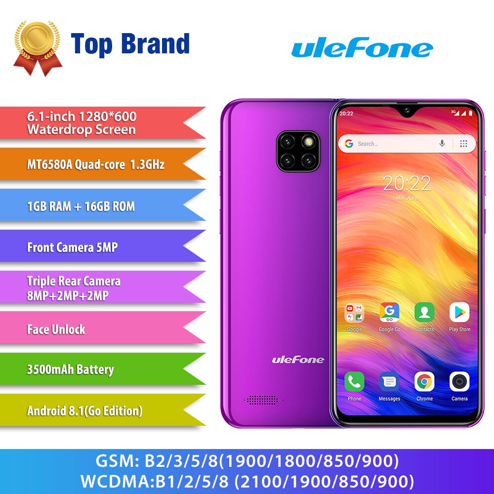Ulefone Note 7 Smartphone 6.1inch 19:9 Waterdrop Screen Quad Core Cellphone 1GB+16GB ROM Mobile Phone Android 9.0 Three Camera