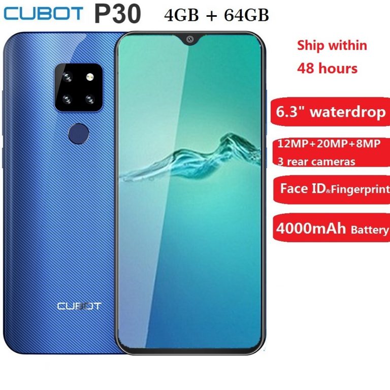 Cubot P30 Smartphone 6.3" 2340x1080p 4GB+64GB Android 9.0 Pie Helio P23 AI Cameras Face ID 4000mAh Cell Phone for Dropshipping