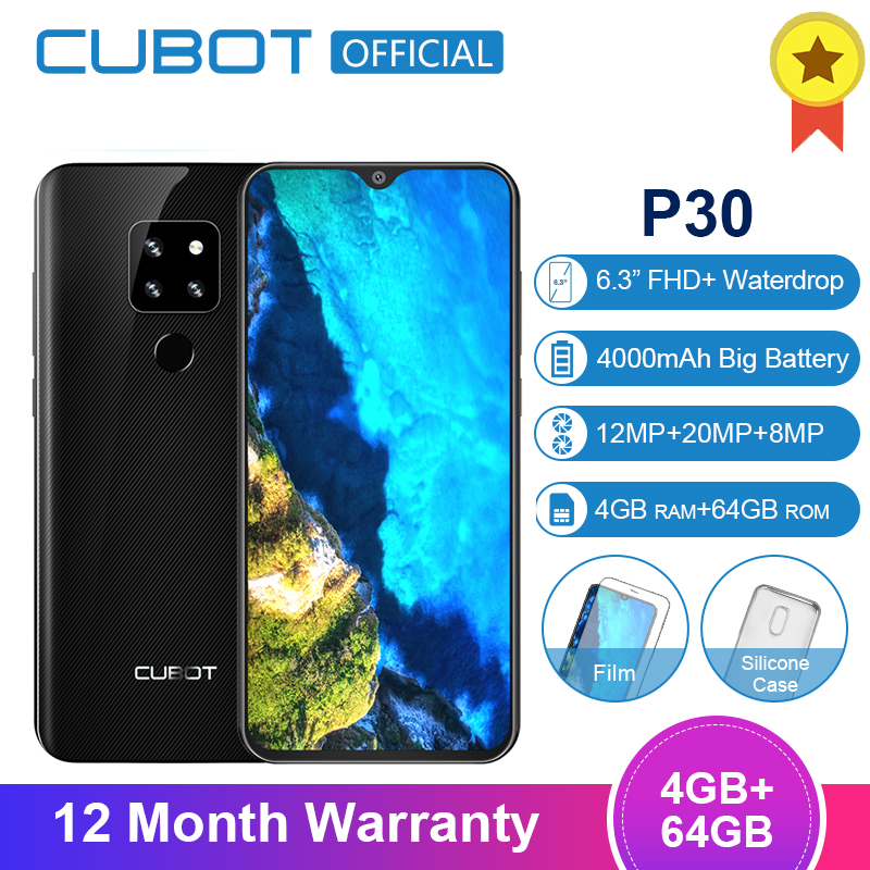 Cubot P30 Android 9.0 4GB 64GB Smartphone 6.3'' FHD+ Waterdrop Screen 2340*1080 MT6763 Octa Core 4000mAh Face ID 4G Mobile Phone