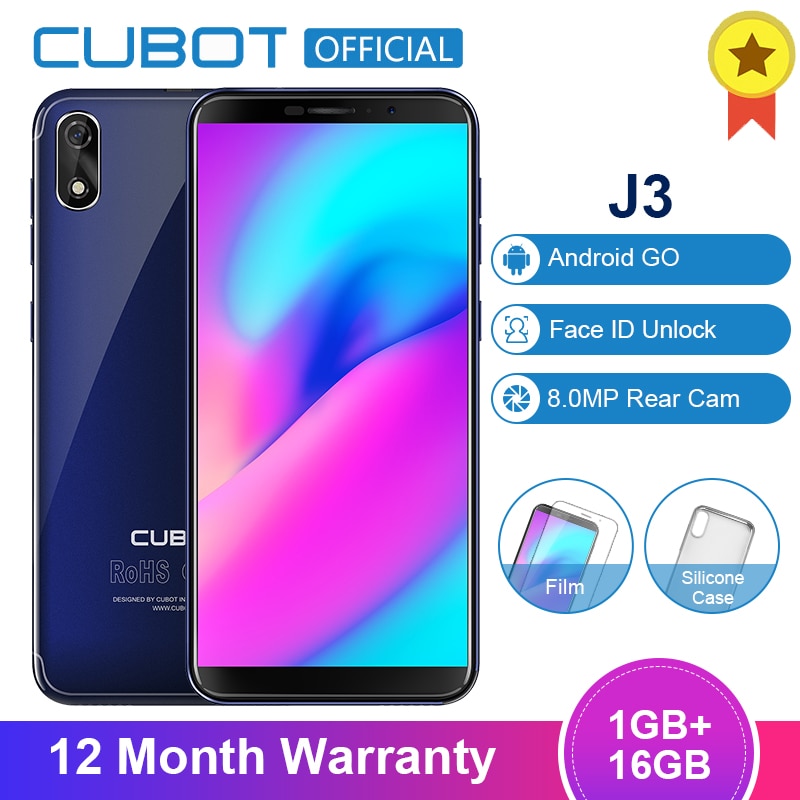 Original Cubot J3 Android Go 18:9 Full Screen 1GB 16GB 5.0 Inch MT6580 Quad-Core Smartphone 2000mAh 3G Face ID Dual Sim Celular