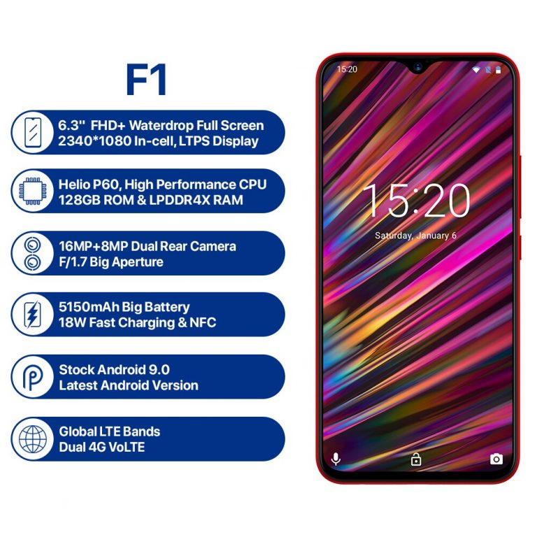 UMIDIGI F1 6.3" Waterdrop FHD smartphone Android 9.0 Helio P60 AI Global Band