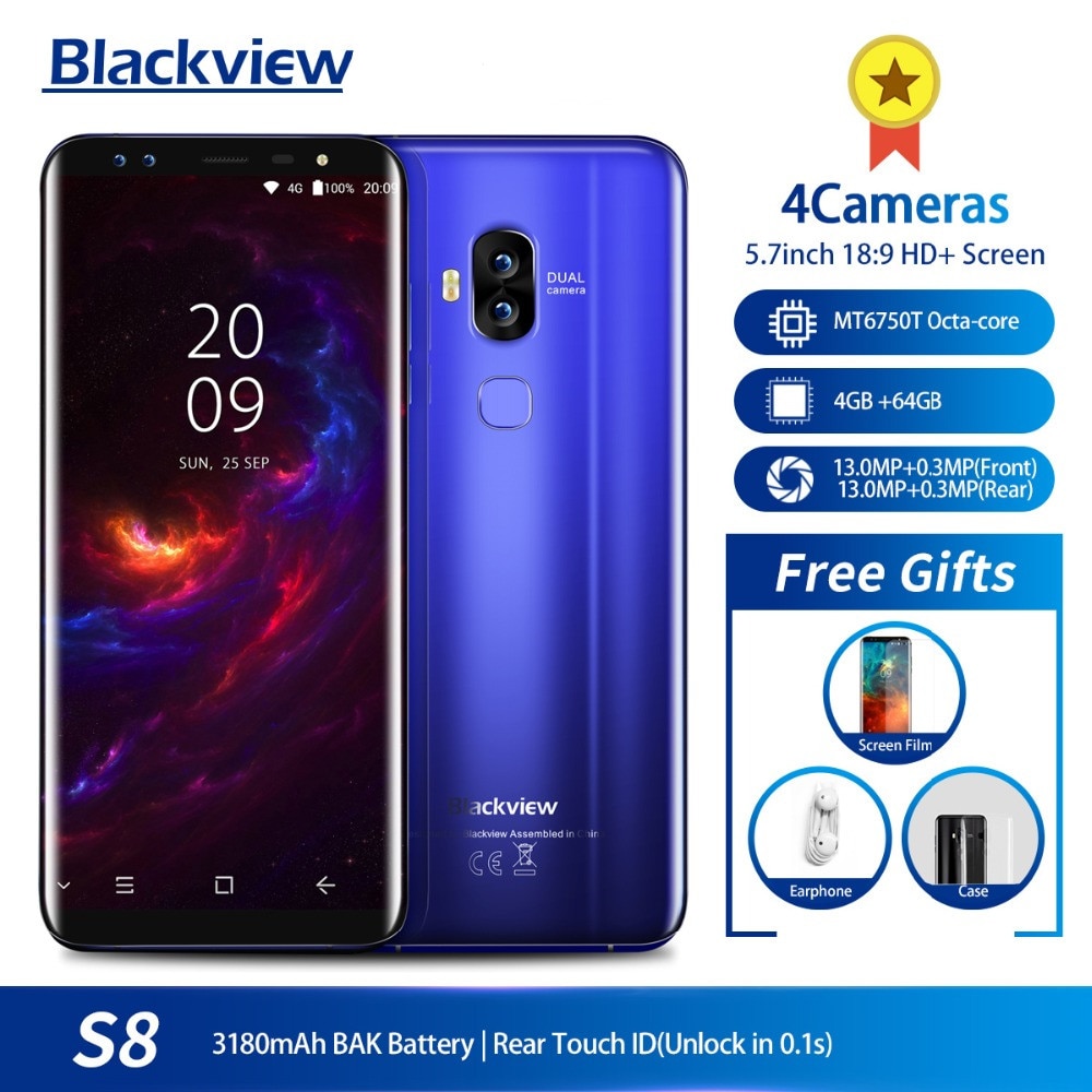 Blackview S8 5.7" 18:9 HD Screen 4 Cameras MT6750T Octa Core Smartphone 4GB+64GB Dual SIM Fingerprint OTG 4G LTE Mobile Phone