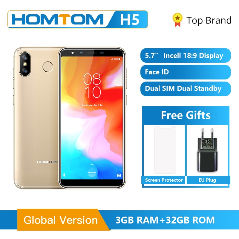 HOMTOM H5 3GB 32GB Mobile Phone 3300mAh Fast Charge Android8.1 5.7" Face ID 13MP Camera MT6739 Quad Core 4G FDD-LTE Smartphone