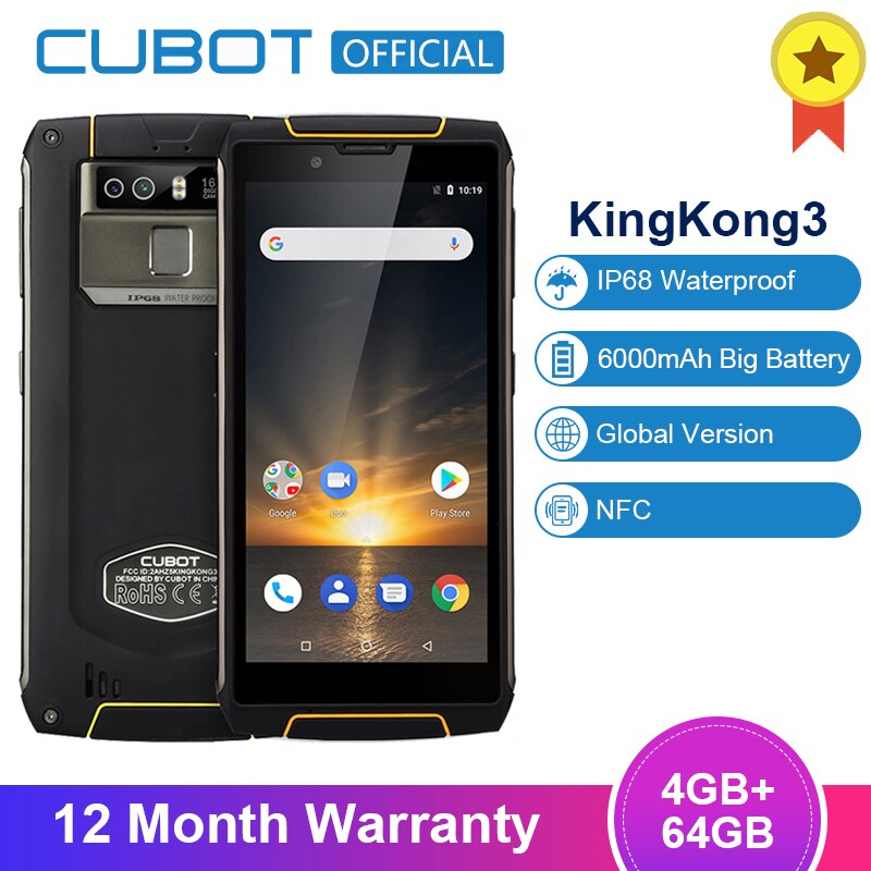 Cubot King Kong 3 IP68 Waterproof Shockproof Smartphone 5.5'' Android 8.1 4GB 64GB MT6763T Octa Core 9V/2A NFC 18:9 Mobile Phone