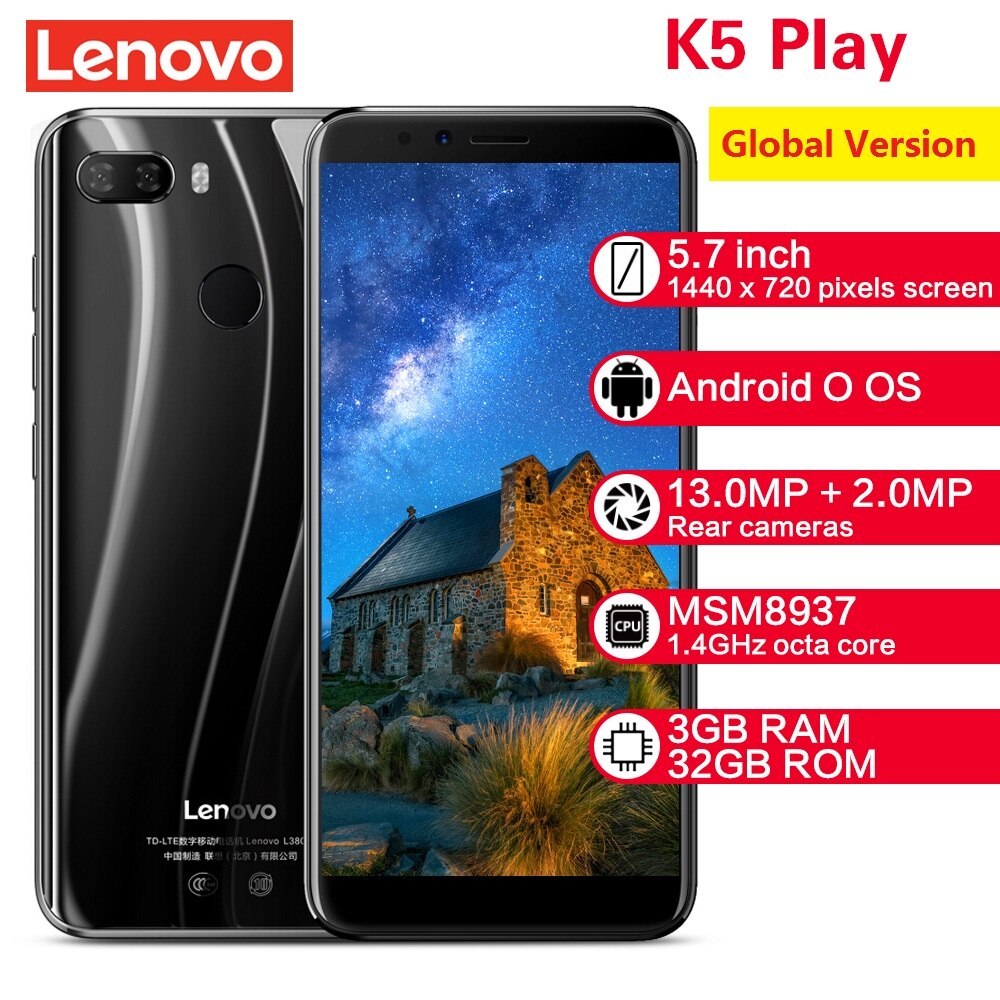 Global Version EU Plug Lenovo K5 Play 4G Android Smartphone 3GB 32GB 5.7'' Snapdragon Octa Core 13MP+2MP Mobile Cellphones