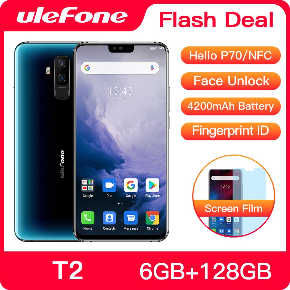 Ulefone T2 Smartphone Android 9.0 Dual 4G Cell Phone 6GB 128GB NFC Octa-core Helio P70 4200mAh 6.7" FHD+ Mobile Phone Android