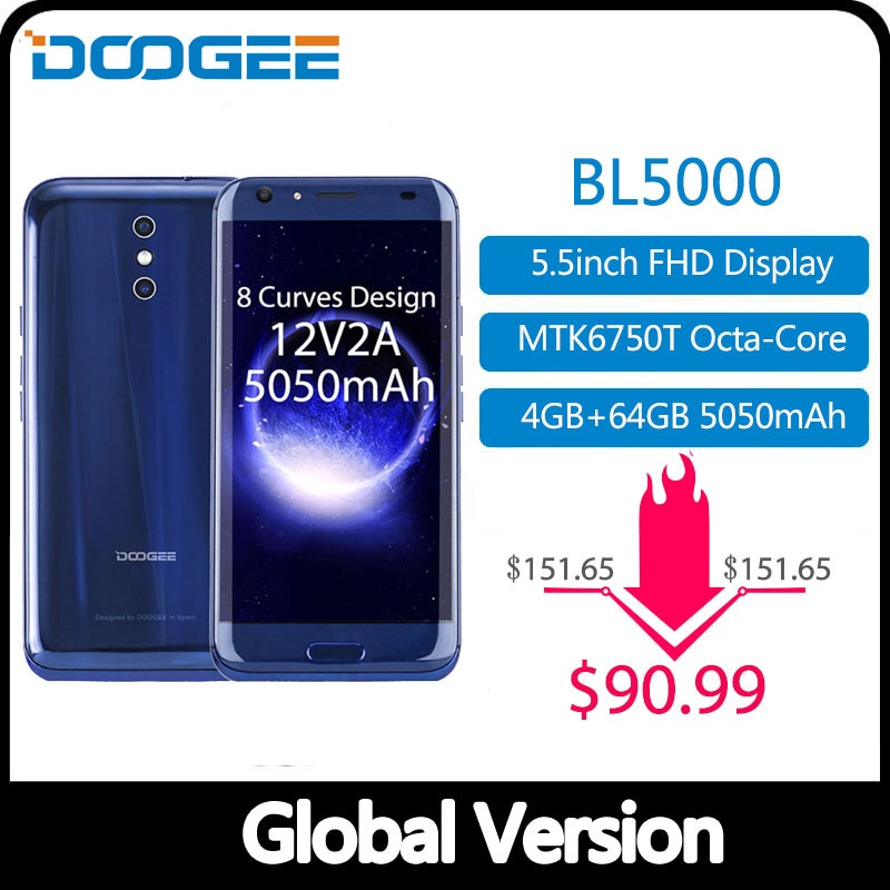 DOOGEE BL5000 Dual 13.0MP Camera Android 7.0 5050mAh 12V2A Quick Charge 5.5'' FHD MTK6750T Octa Core 4GB RAM 64GB ROM Smartphone