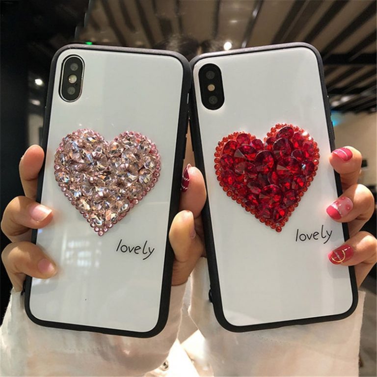 Tempered Glass Case Glitter Rhinestone Love Heart Phone Case For iPhone11 11pro 11promax X XS XR XS Max 6 6S 7 8 Plus