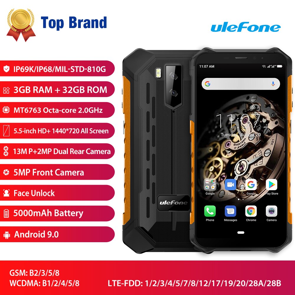 Ulefone Armor X5 Smartphone Android 9.0 MT6763 Octa Core Ip68 Rugged 4G LTE Mobile Phone Waterproof Cell Phone 3GB 32GB NFC