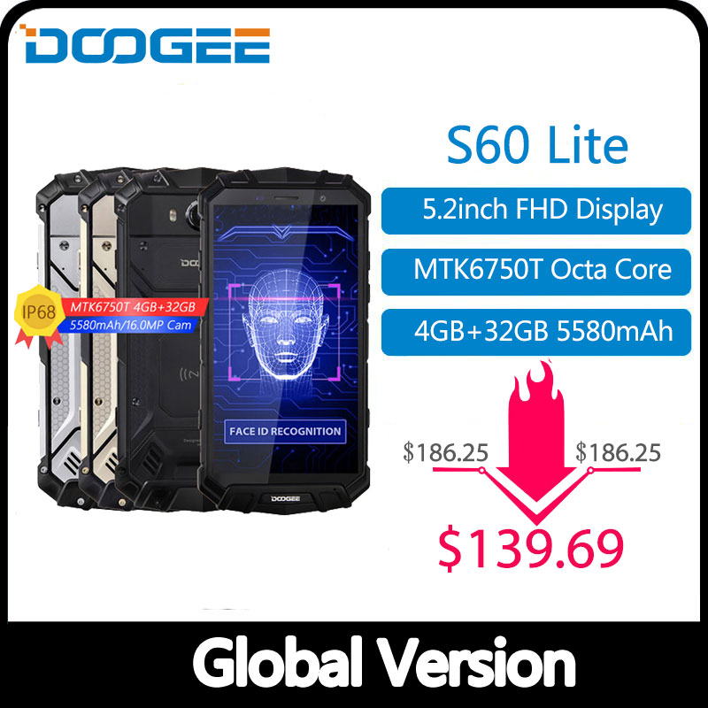 DOOGEE S60 Lite IP68 Wireless Charge Smartphone 5580mAh 12V2A Quick Charge 16.0MP 5.2'' FHD MTK6750T Octa Core 4GB RAM 32GB ROM