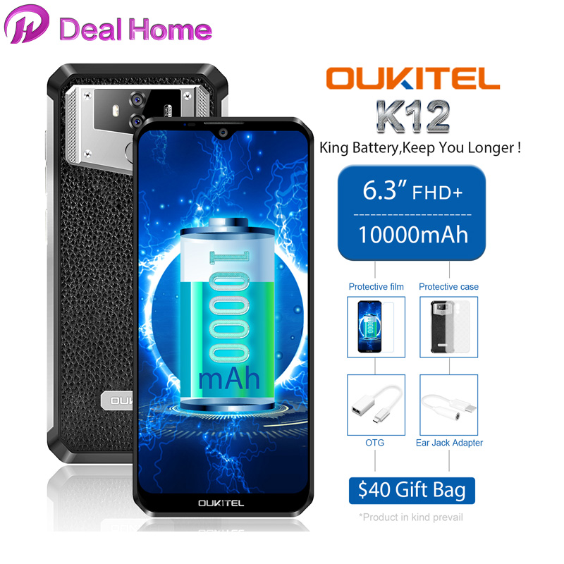 OUKITEL K12 6.3" 19.5:9 Waterdrop Android 9.0 6GB RAM 64GB ROM Smartphone 1080*2340 16MP 10000mAh 5V/6A NFC 4G Mobile Phone
