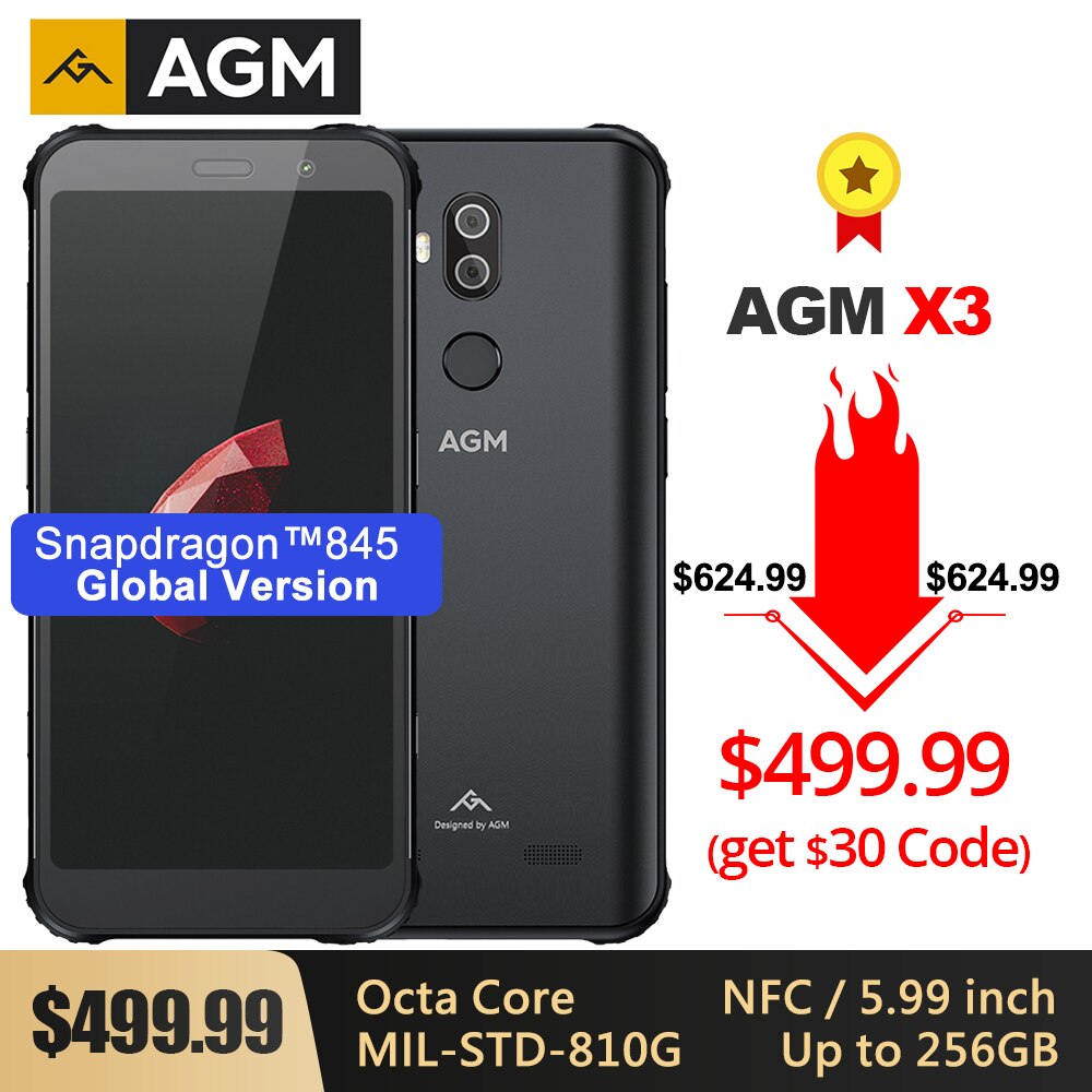 AGM X3 Rugged MIL-STD Smartphone 8G+256G SDM845 Octa Core 5.99'' 24MP Camera Dual BOX Speaker Waterproof Phone NFC Android 8.1