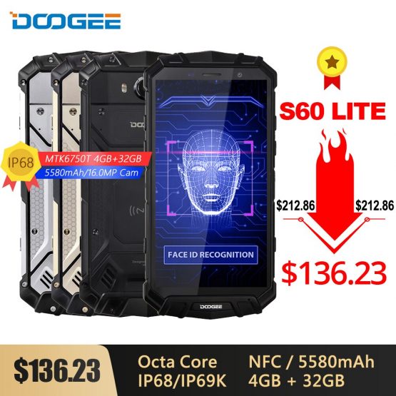 DOOGEE S60 Lite IP68 Wireless Charge Smartphone 5580mAh 12V2A Quick Charge 16MP 5.2'' FHD MTK6750T Octa Core 4GB 32GB NFC Phone